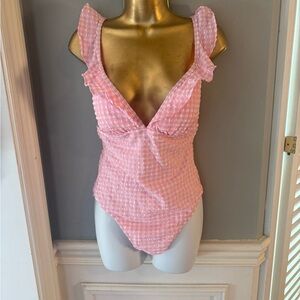 J.Crew Ruffle Strap One-Piece Swimsuit Pink Check Size 6 NWT